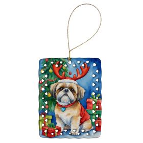 Shih Tzu Christmas Reindeer Porcelain Ornament Christmas Tree Hanging Decorations for Home Christmas Holiday, Rectangle, Gift, Multicolor