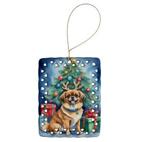 Tibetan Spaniel Christmas Reindeer Porcelain Ornament Christmas Tree Hanging Decorations for Home Christmas Holiday, Rectangle, Gift, Multicolor
