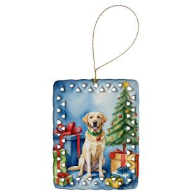 Yellow Labrador Retriever Christmas Reindeer Porcelain Ornament Christmas Tree Hanging Decorations for Home Christmas Holiday, Rectangle, Gift