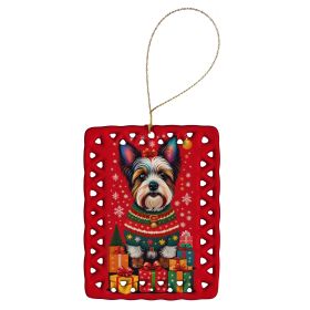 Biewer Terrier Holiday Christmas Porcelain Ornament Christmas Tree Hanging Decorations for Home Christmas Holiday, Rectangle, Gift, Multicolor