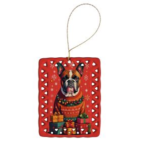 Fawn Boxer Cropped Ears Holiday Christmas Porcelain Ornament Christmas Tree Hanging Decorations for Home Christmas Holiday, Rectangle, Gift