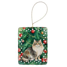 Cymric Cat By the Christmas Tree Porcelain Ornament Christmas Tree Hanging Decorations for Home Christmas Holiday, Rectangle, Gift, Multicolor