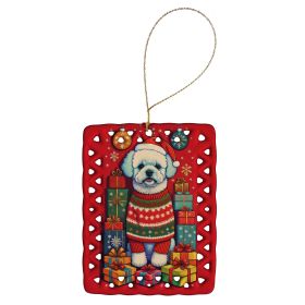 Bichon Frise Holiday Christmas Porcelain Ornament Christmas Tree Hanging Decorations for Home Christmas Holiday, Rectangle, Gift, Multicolor